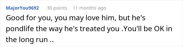 Screenshot of a comment discussing emotions and treatment related to a woman sleeping with a married man.