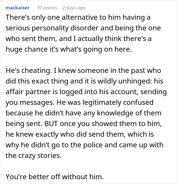 Alt text: Online comment discussing woman suspecting husband is a psychopath after disturbing texts, revealing a deeper betrayal. Alt text: Online comment discussing woman suspecting husband is a psychopath after disturbing texts, revealing a deeper betrayal.