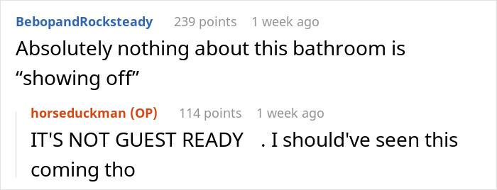 Screenshot of a text conversation discussing a bathroom setup with Midol and tampons for guests causing drama over virtue signaling.
