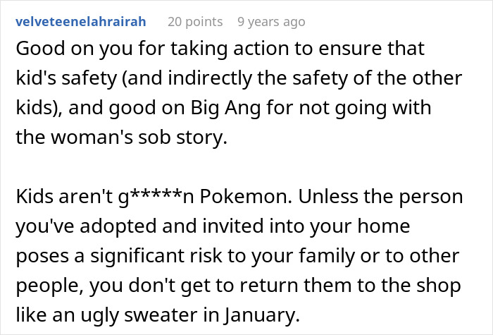 Screenshot of a comment discussing a woman trying to give away her 8th adopted child due to bad behavior on Facebook. Screenshot of a comment discussing a woman trying to give away her 8th adopted child due to bad behavior on Facebook.