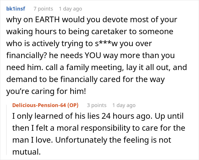 Reddit conversation showing a wife discussing husband lies about inheritance and caring for him financially.