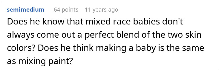 Screenshot of a forum comment questioning assumptions about mixed race babies and skin color inheritance.