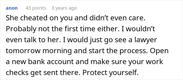ALT text: Online comment advising protection after woman admits to cheating multiple times, husband reveals truth to parents.