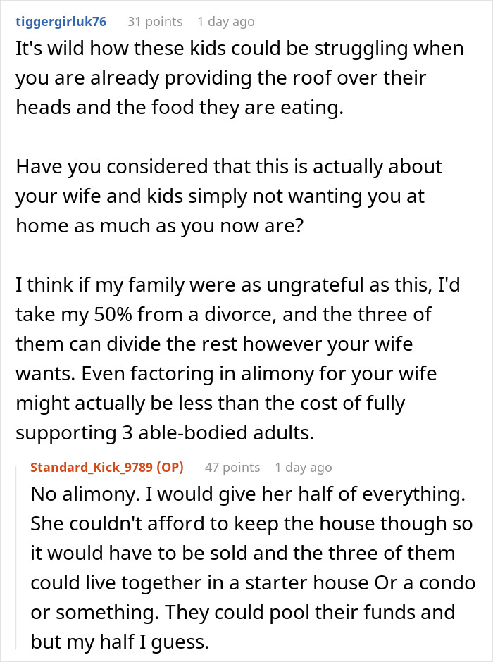 Reddit discussion about homemaker lamenting adult kids not having luxury cars and exhausted hubby advising her to get a job.