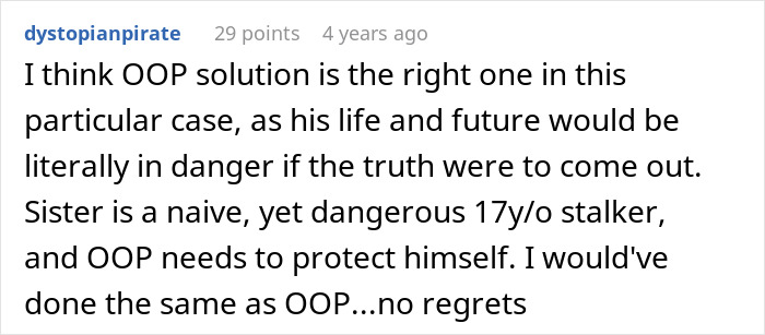 Comment discussing a guy&rsquo;s sister discovering his secret boyfriend and the dangers of revealing the truth.