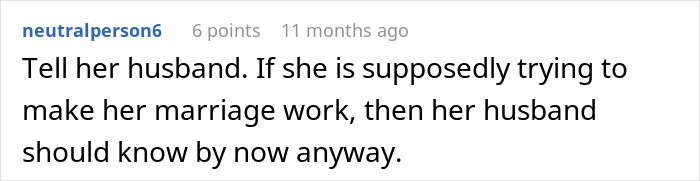 Text message screenshot showing a comment about a woman sleeping with a married man and confronting his wife.