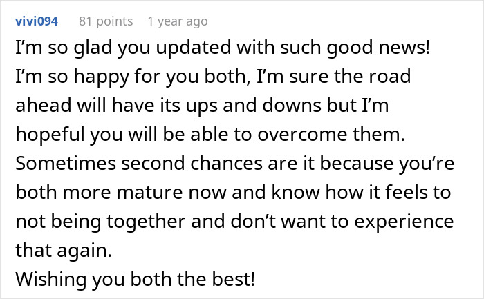 Screenshot of a Reddit comment expressing hope for a couple reconnecting and embracing second chances in their love story.