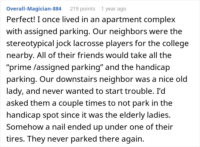 Woman uses wit and all 7 motorcycles to teach annoying neighbor a lesson about fair parking in apartment complex.