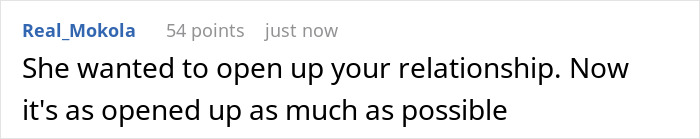 Screenshot of an online comment about a guy dumping his girlfriend over an open relationship, facing backlash from his parents.