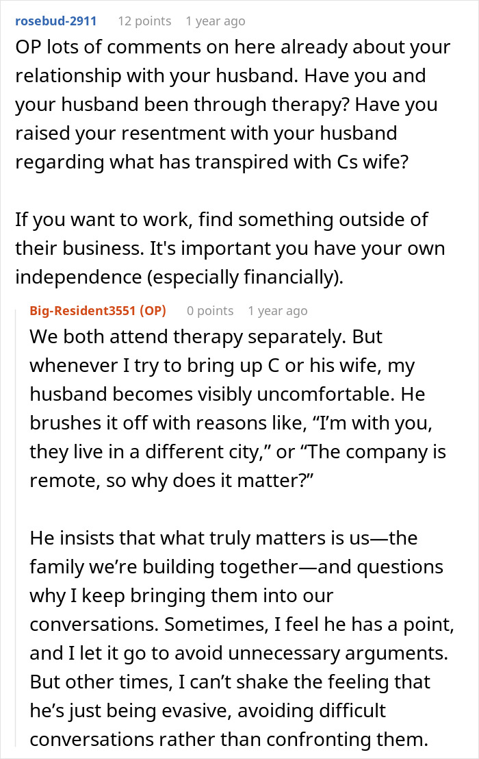 Screenshot of a Reddit conversation about a man telling his best friend to divorce his wife, hinting at sabotage.