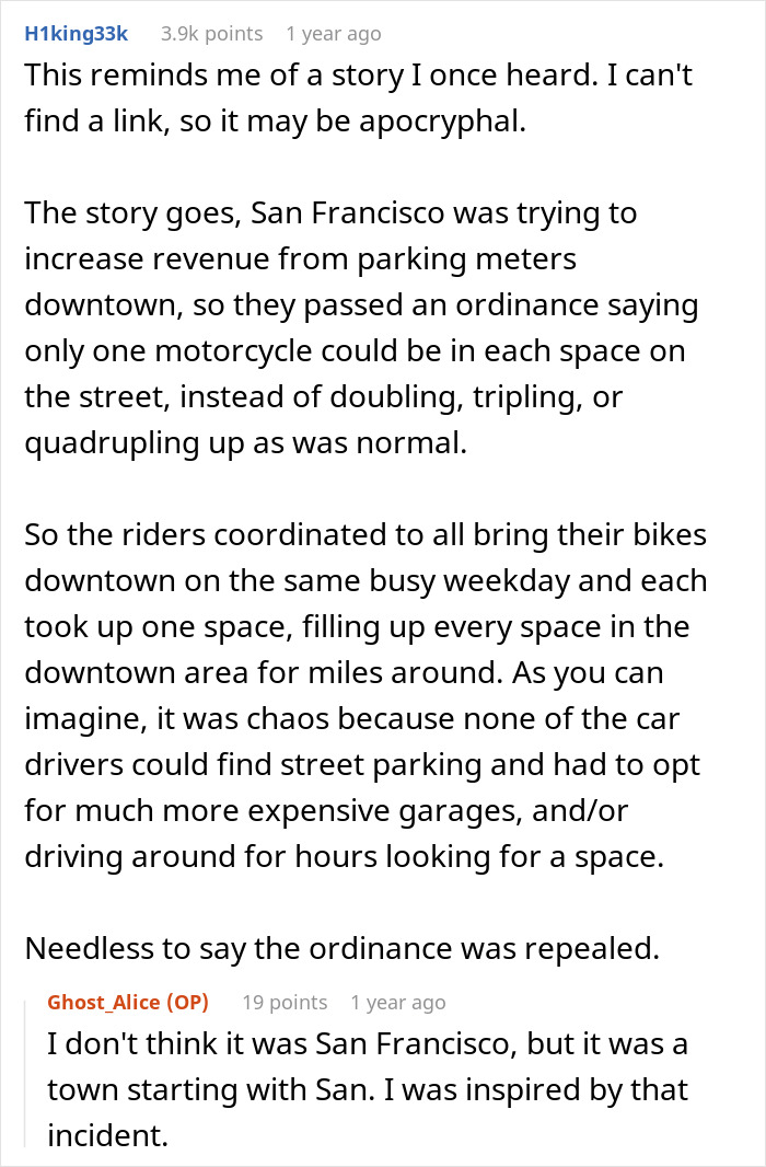 Woman uses her wit and 7 motorcycles to teach neighbor a lesson about fair parking with clever strategy.