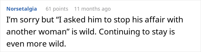 Screenshot of a Reddit comment discussing a woman sleeping with a married man and addressing his wife with audacious texts.