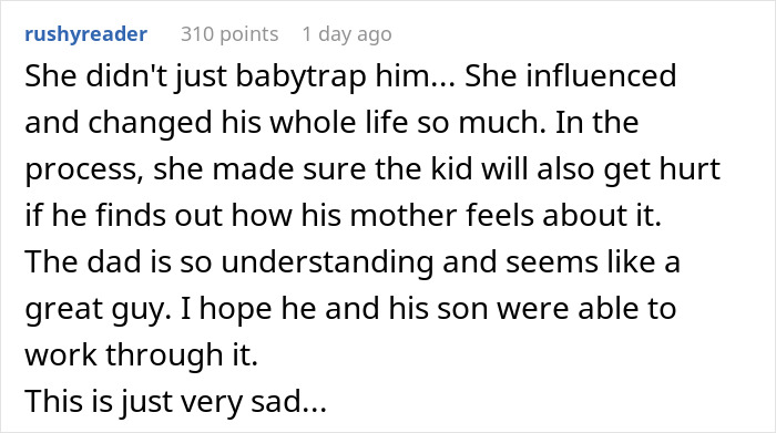 Comment about woman confessing surprise baby as a vicious trap to keep her boyfriend from leaving her.