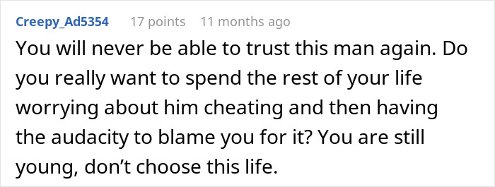 Screenshot of a comment warning about trusting a married man who cheats and has the audacity to blame his wife.