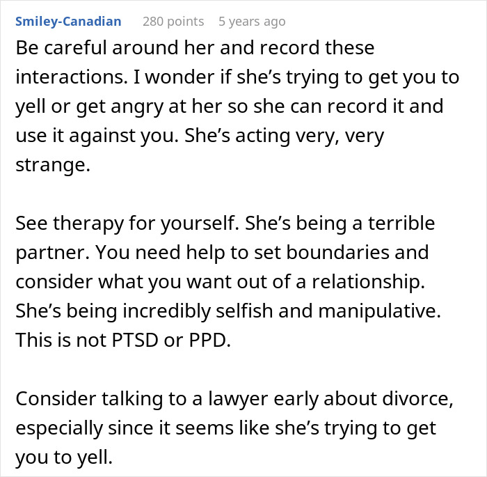 Comment advising caution about toxic wife humiliating teacher husband on Zoom, suggesting therapy and legal advice.
