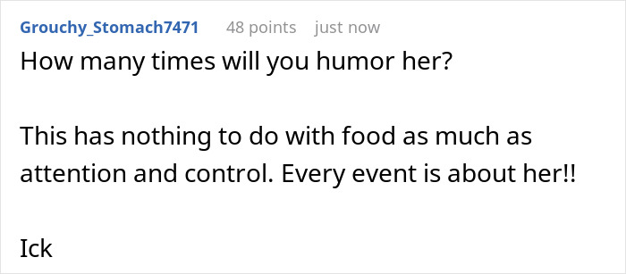 Commenter discussing a picky eater who uses allergy as justification but is caught eating regular food.