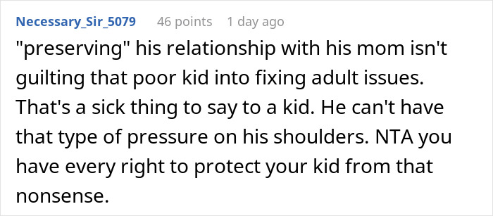 Comment discussing grandparents guilt trip kid over his mom, affirming parent's decision to protect child from adult issues.