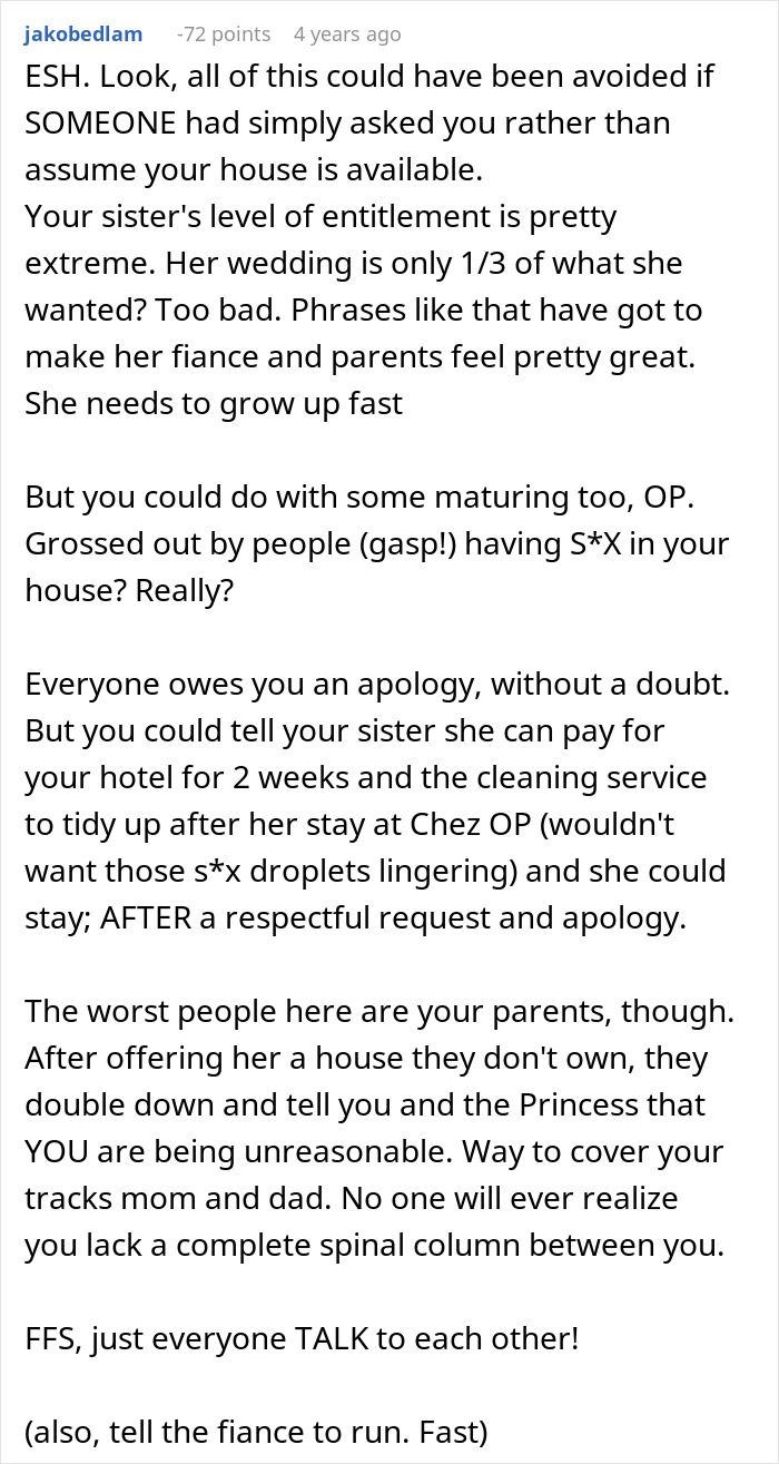 Comment discussing bride's entitlement and harsh reality check after expecting honeymoon at sibling’s house in wedding debate. Comment discussing bride's entitlement and harsh reality check after expecting honeymoon at sibling’s house in wedding debate.