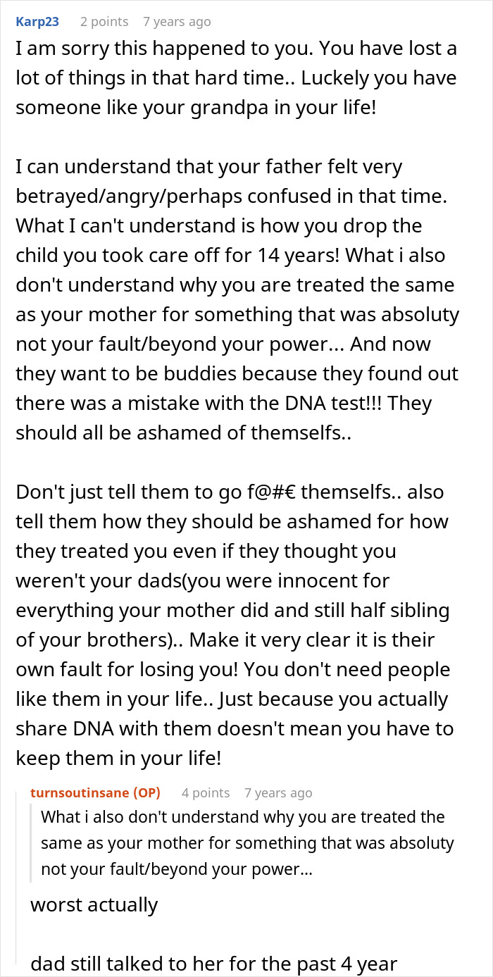 Discussion thread showing emotional reactions to DNA lab mixing paternity results and family reconnecting after the error.