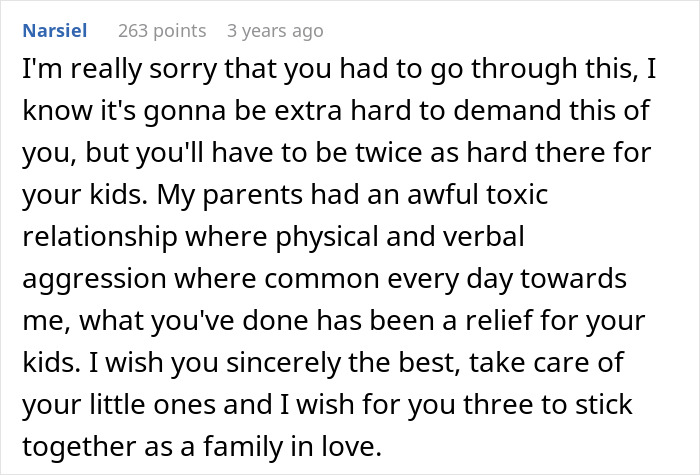 Comment expressing sympathy for someone dealing with a toxic family relationship while focusing on kids' well-being and family unity.