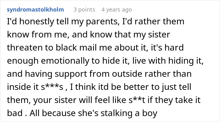 Comment discussing a guy&rsquo;s sister catching him with his secret boyfriend, emotional impact, and blackmail concerns.
