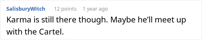 Reddit comment by SalisburyWitch discussing karma and a possible encounter with the Cartel in a text post.