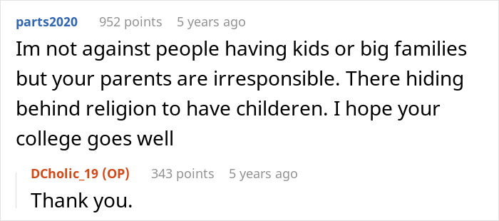 Online discussion about delusional parents, sixth baby miracle, and teen daughter sacrificing education for family demands.
