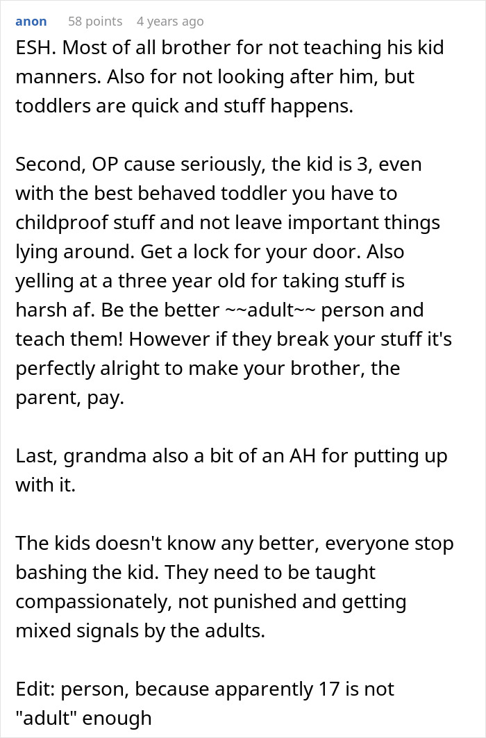 Reddit comment discussing frustration with a 3-year-old son being a menace and family dynamics around it.