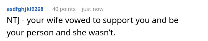 Screenshot of a social media comment discussing a wife missing husband's surgery to support coworker during divorce.