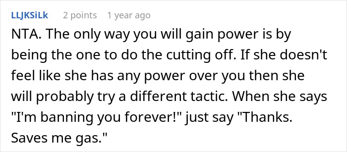 Screenshot of a Reddit comment discussing cutting contact to regain power amid family tension and brainwashing.