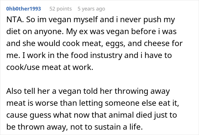 Screenshot of an online comment discussing vegan views on cooking meat and food waste, related to a vegan teen cooking meat lesson.