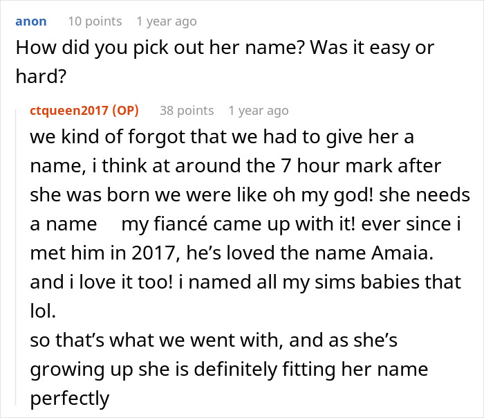 Screenshot of a Reddit conversation discussing how a lady&rsquo;s fianc&eacute; helped pick a baby name after she called about her pregnancy.