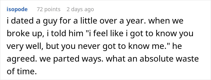 Text post describing a breakup where the girlfriend kept notes on his favorite foods but he never got to know her.