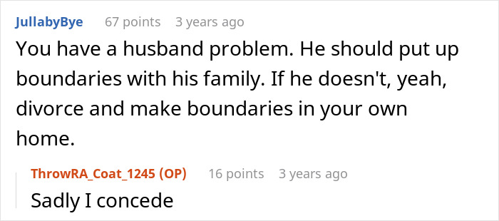 Online discussion about a woman moving with family to avoid in-laws, with husband saying the move was planned. Online discussion about a woman moving with family to avoid in-laws, with husband saying the move was planned.