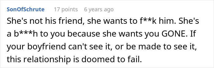 Text comment from an online discussion about complications when a woman tries to coexist with her boyfriend&rsquo;s female friend.