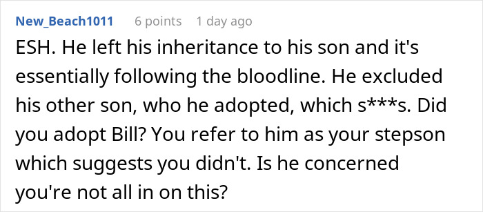Comment discussing a husband lying about inheritance, excluding a stepson, and causing family conflict.