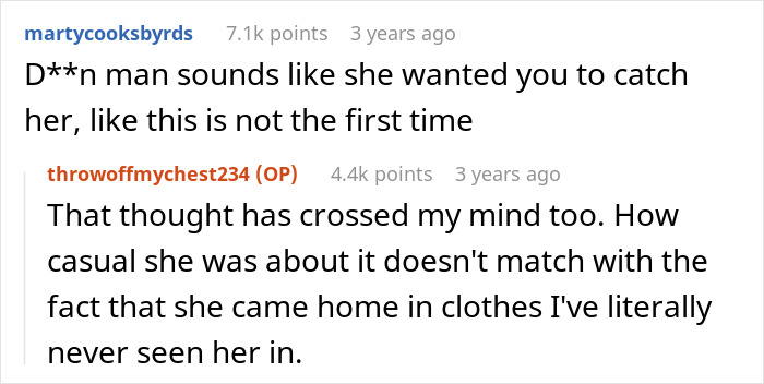 ALT text: Online discussion about woman admitting to cheating multiple times and husband telling her parents then leaving.