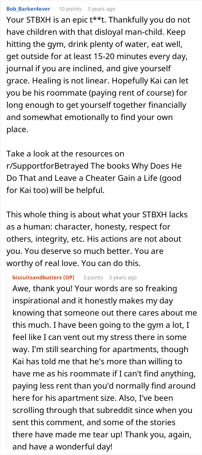 Alt text: Online forum discussion about a woman's experience with a horrible, cheating jerk husband and emotional support shared.