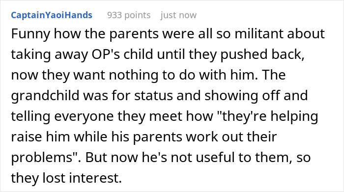 Comment discussing grandparents rejecting young family and toddler due to conflicts over medical school and child custody.