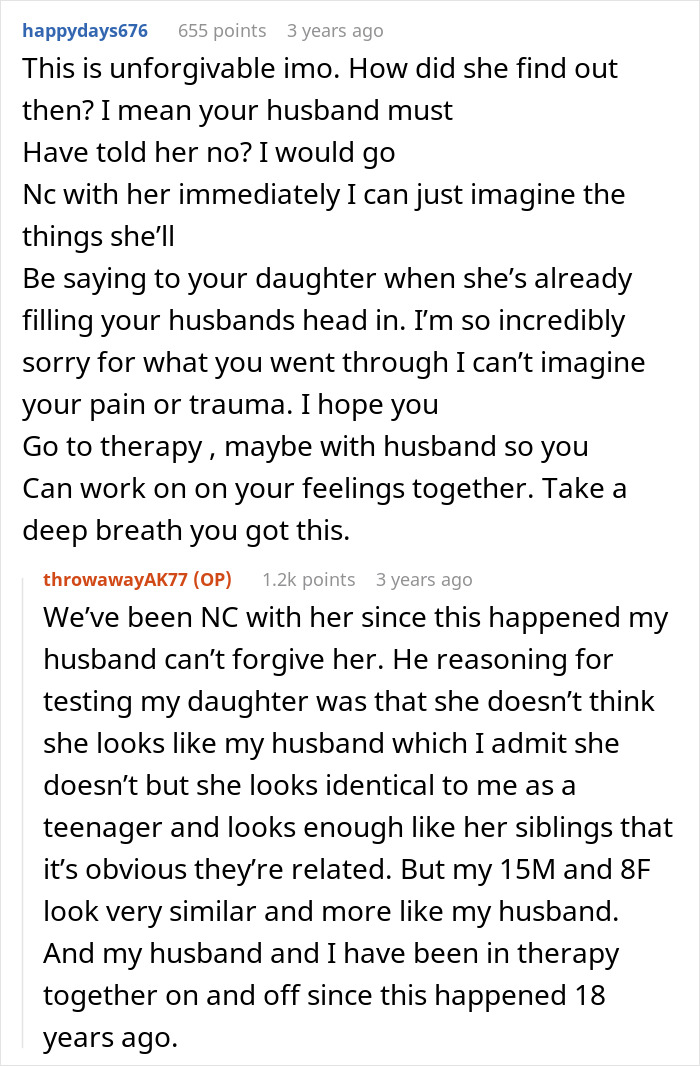 Reddit comments revealing fallout after MIL secretly DNA tested grandkid, causing family trust and relationships to strain deeply.