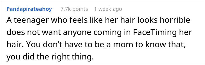 Comment about a teenager avoiding FaceTime due to hair concerns, highlighting best friend fight mom perspective.