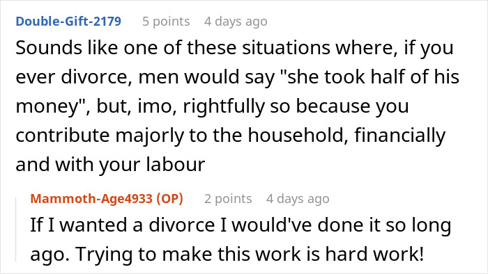 Screenshot of an online discussion about a woman expecting in-laws to gift money to their family, but they meant her husband only.