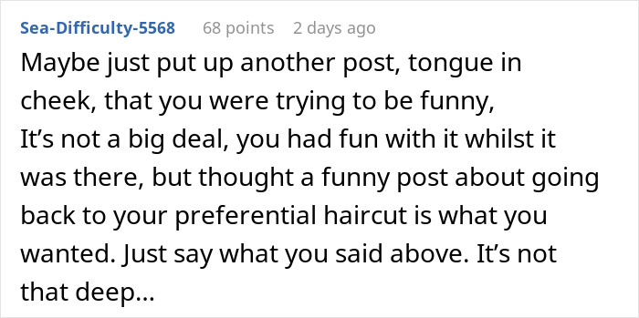 Comment about a woman buzzing her hair after a friend's wedding and others thinking she was forced to grow it out.