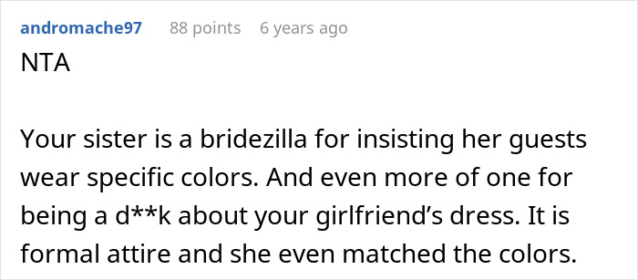 Screenshot of a Reddit comment discussing drama caused by a guy approving his girlfriend&rsquo;s wedding outfit.