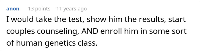 Comment about man taking secret paternity test for newborn baby and testing wife by asking for one.