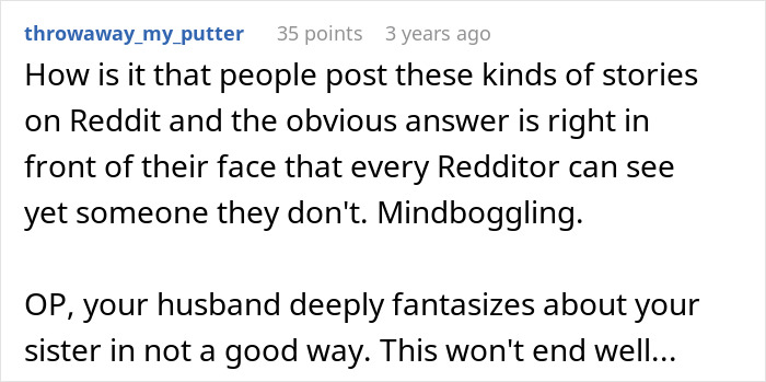 Screenshot of a Reddit comment discussing a woman weirded out by husband&rsquo;s obsession with her sister&rsquo;s weight and related texts.