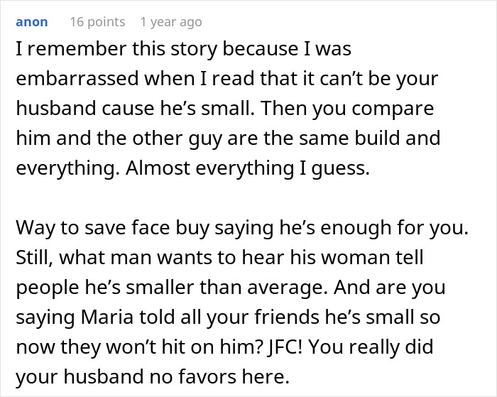 Comment discussing embarrassment and comparison involving husband&rsquo;s size after wife sees hubby without shirt and bestie naked.