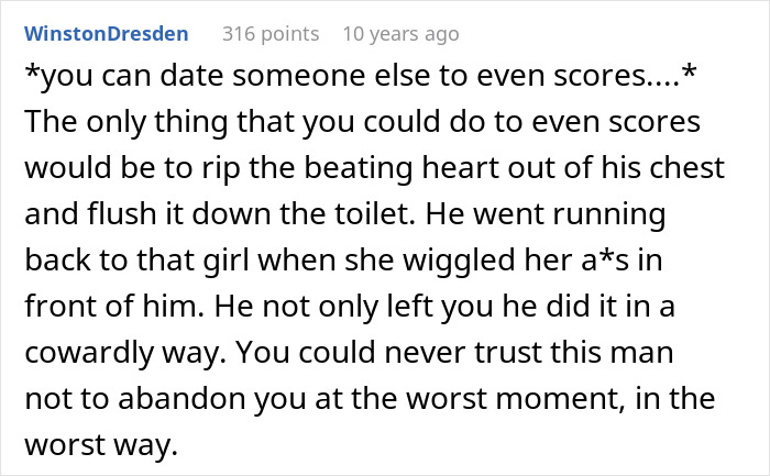 Comment about man falling into deep regret after ditching fianc&eacute;e to chase the one that got away in online discussion.