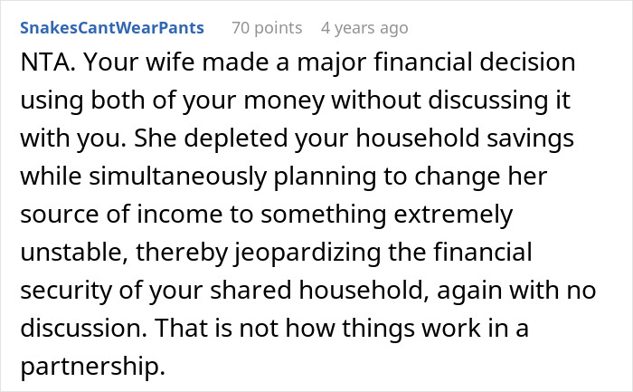 Comment explaining financial risk and lack of discussion after wife secretly sends money to sister&rsquo;s pyramid scheme.