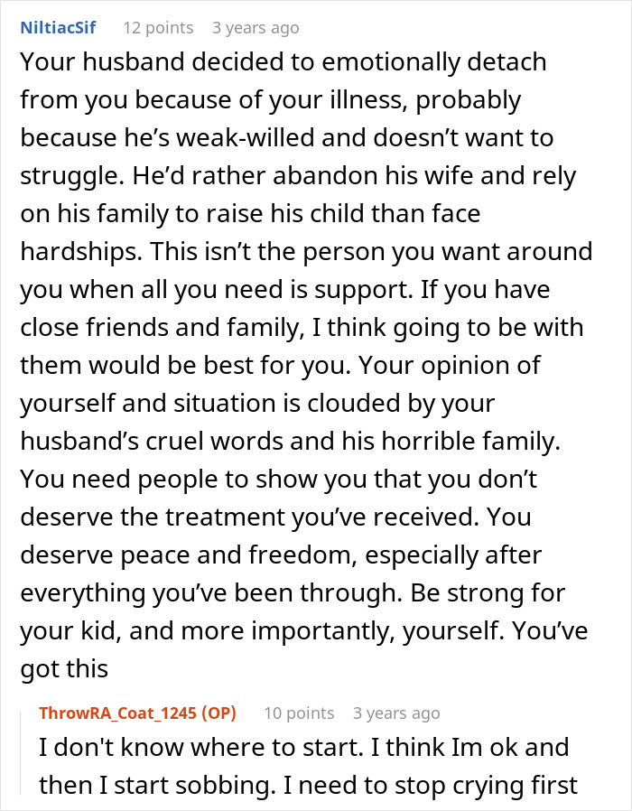 Comment discussing a woman moving with family to run away from in-laws and emotional support advice. Comment discussing a woman moving with family to run away from in-laws and emotional support advice.